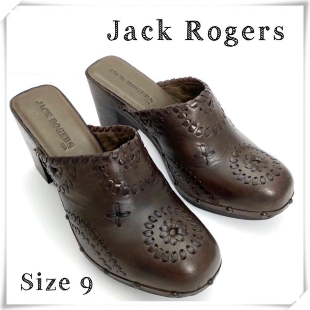JACK Rogers Ali Clogs Wood Chunky Heel Platform Leather Mule Sandal in Brown